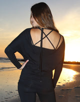 Black-Low-Tie-Back-3/4-Sleeve-Top-TT127
